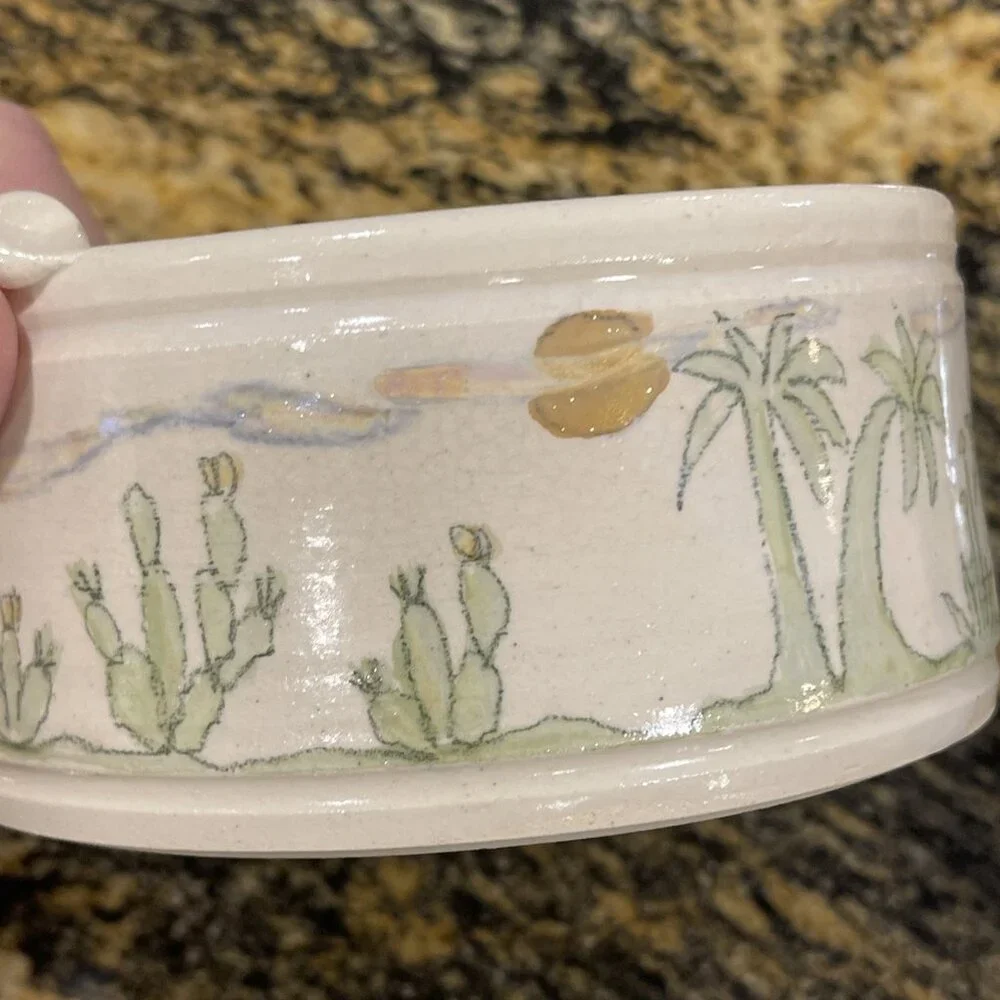 Vtg Handcrafted Lynn Gray Signed‎ Art Pottery Desert Cactus Bowl Rim Pinch Deco